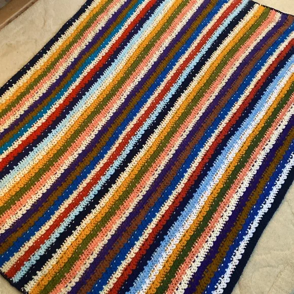 Vintage! Handmade Crochet Stripe Reversible Blanket 63” by 50” - Picture 8 of 11